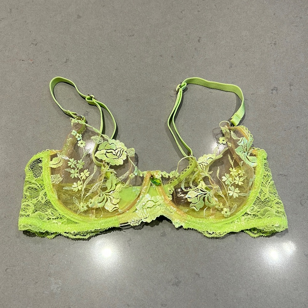 Honey Birdette Neon Lime Floral Embroidered Sheer Underwire Bra